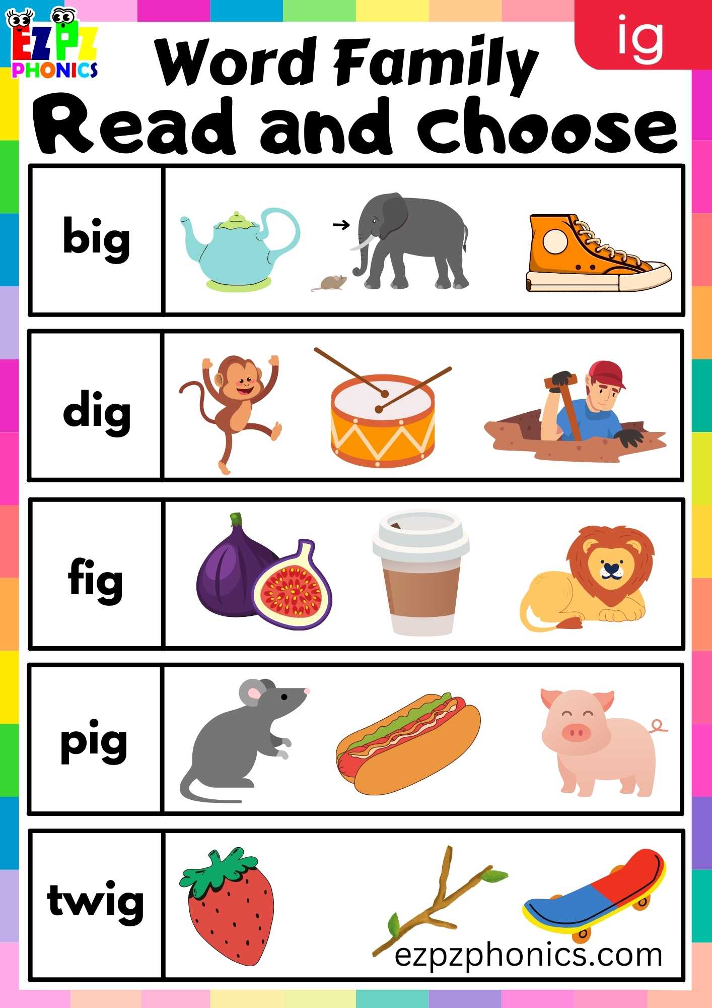 IG Words Read And Choose Phonics Word Families Worksheet